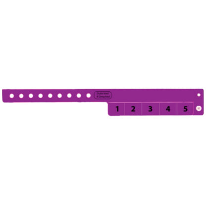 vinyl 5 tab wristbands shown in stock pattern with imprint "stub void if detached" and the number 1-5 on the stubs shown in purple
