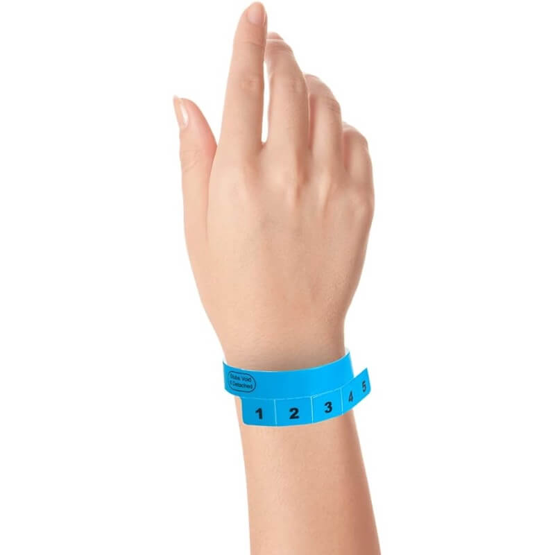 vinyl 5 tab wristbands shown in stock pattern with imprint "stub void if detached" and the number 1-5 on the stubs, shown on hand in neon blue