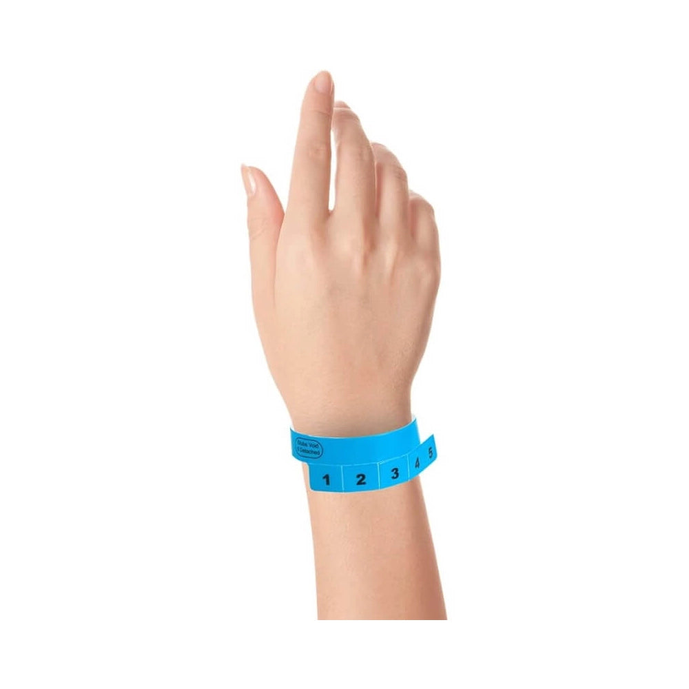 vinyl wristband with 5 tabs in neon blue - shown on wrist