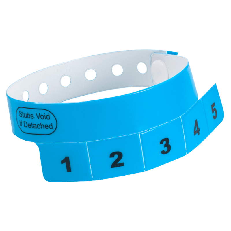 vinyl 5 tab wristbands shown in stock pattern with imprint "stub void if detached" and the number 1-5 on the stubs, shown in neon blue