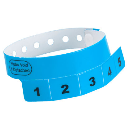 vinyl 5 tab wristbands shown in stock pattern with imprint "stub void if detached" and the number 1-5 on the stubs, shown in neon blue
