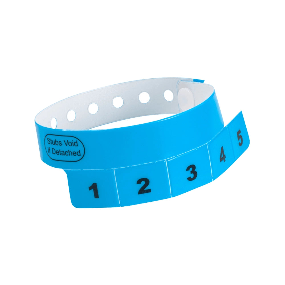 vinyl wristband with 5 tabs in neon blue - shown in round 