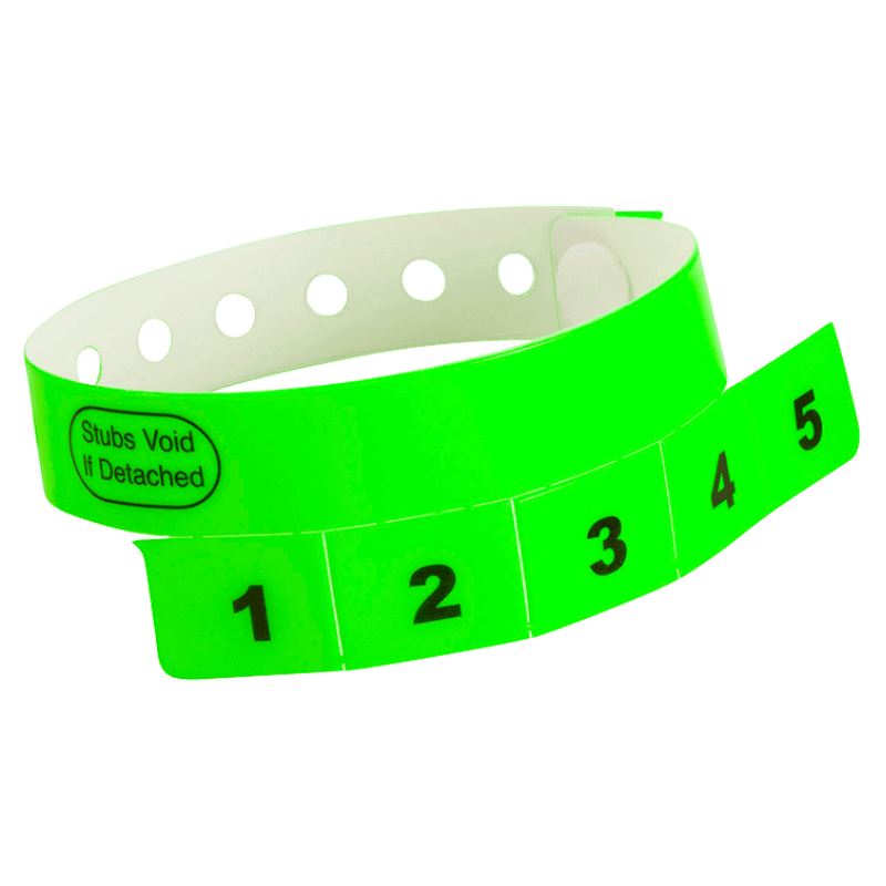 vinyl 5 tab wristbands shown in stock pattern with imprint "stub void if detached" and the number 1-5 on the stubs, shown in neon green