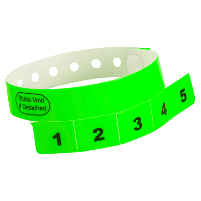 vinyl 5 tab wristbands shown in stock pattern with imprint "stub void if detached" and the number 1-5 on the stubs, shown in neon green