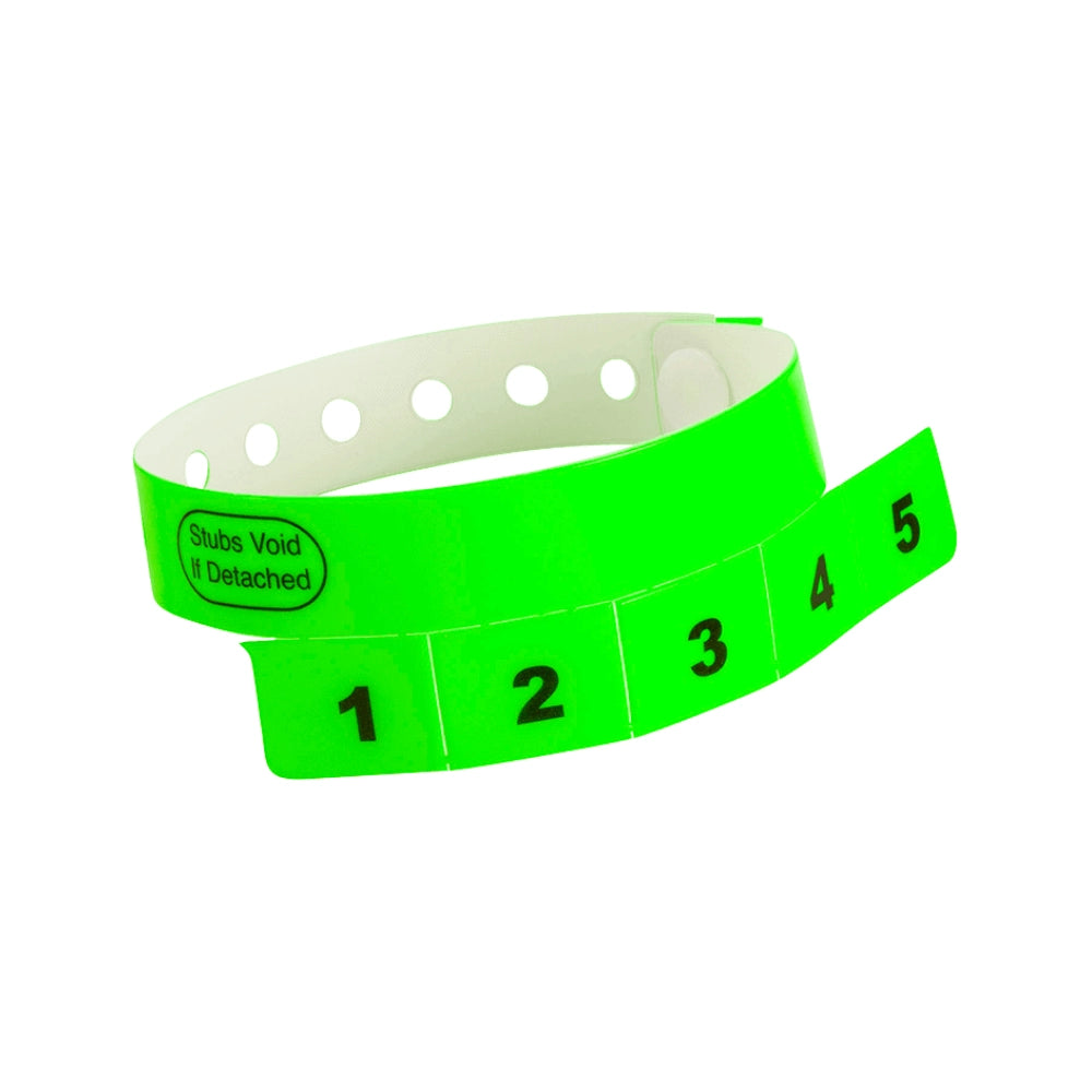 vinyl wristband with 5 tabs in neon green - shown in round 
