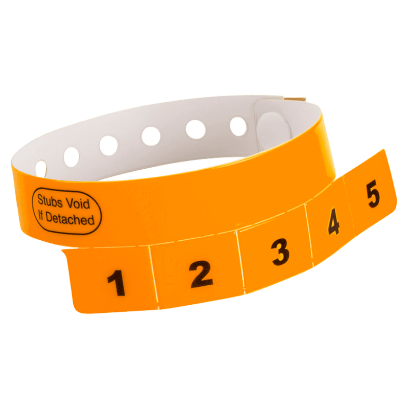 vinyl 5 tab wristbands shown in stock pattern with imprint "stub void if detached" and the number 1-5 on the stubs, shown in neon orange