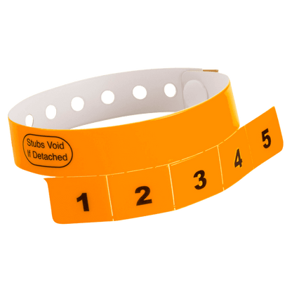 vinyl 5 tab wristbands shown in stock pattern with imprint "stub void if detached" and the number 1-5 on the stubs, shown in neon orange