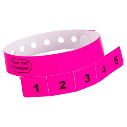 vinyl 5 tab wristbands shown in stock pattern with imprint "stub void if detached" and the number 1-5 on the stubs, shown in neon pink