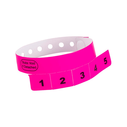vinyl wristband with 5 tabs in neon pink - shown in round 
