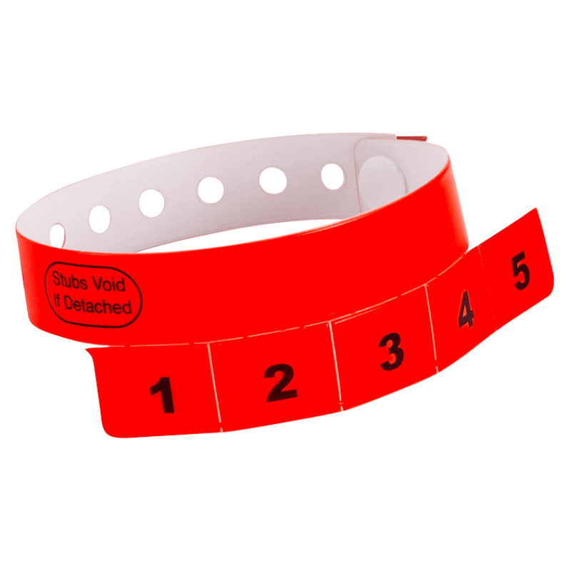 vinyl 5 tab wristbands shown in stock pattern with imprint "stub void if detached" and the number 1-5 on the stubs, shown in neon red