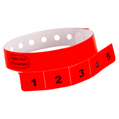 vinyl 5 tab wristbands shown in stock pattern with imprint "stub void if detached" and the number 1-5 on the stubs, shown in neon red