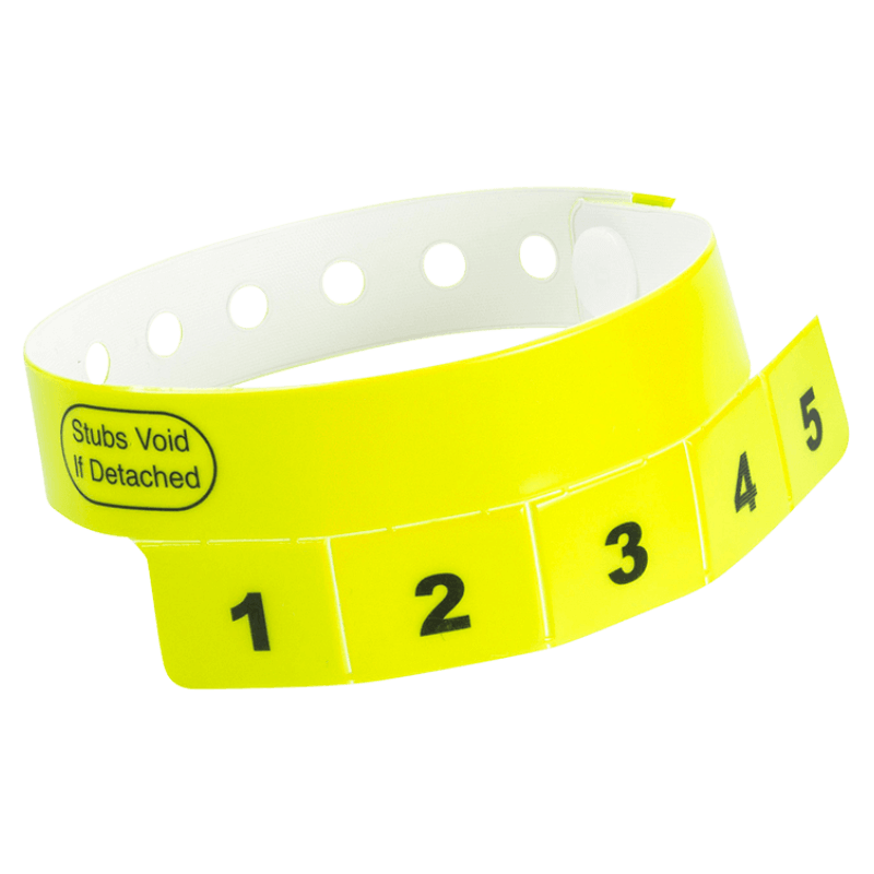 vinyl 5 tab wristbands shown in stock pattern with imprint "stub void if detached" and the number 1-5 on the stubs, shown in neon yellow
