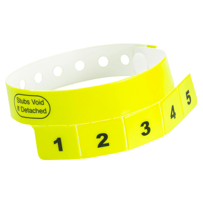 vinyl 5 tab wristbands shown in stock pattern with imprint "stub void if detached" and the number 1-5 on the stubs, shown in neon yellow