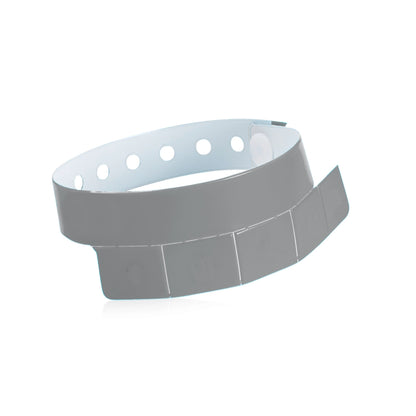 vinyl wristband with 5 tabs in silver - shown in round 