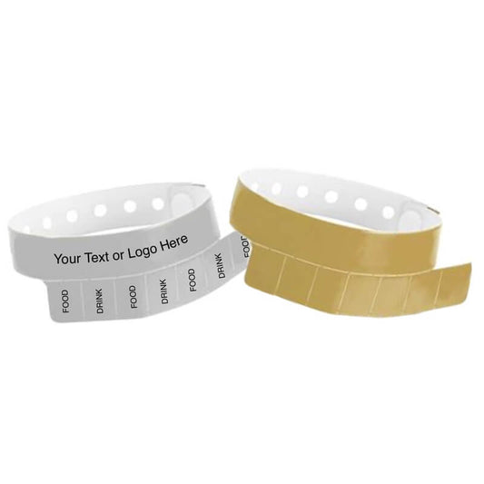 vinyl 7 tab wristbands with a placeholder to show where you can customize the wristband shown in silver and gold