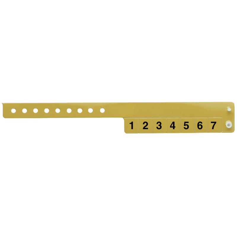 vinyl 7 tab wristbands shown in stock pattern with imprint "stub void if detached" and the number 1-7 on the stubs, shown in gold