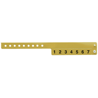 vinyl 7 tab wristbands shown in stock pattern with imprint "stub void if detached" and the number 1-7 on the stubs, shown in gold