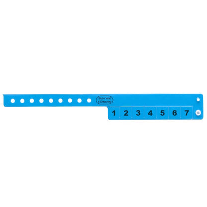 vinyl 7 tab wristbands shown in stock pattern with imprint "stub void if detached" and the number 1-7 on the stubs, shown in neon blue