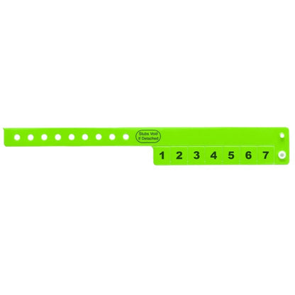 vinyl wristband with 7 tabs in neon green - shown in flat 