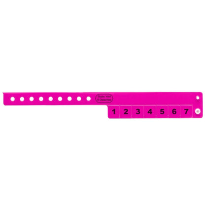 vinyl 7 tab wristbands shown in stock pattern with imprint "stub void if detached" and the number 1-7 on the stubs, shown in neon pink