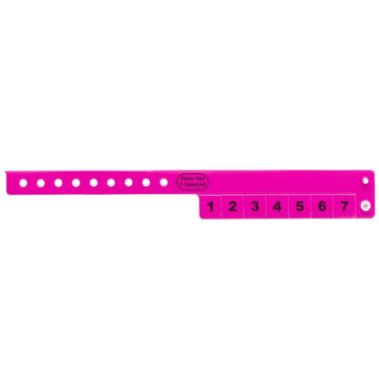 vinyl wristband with 7 tabs in neon pink - shown in flat 