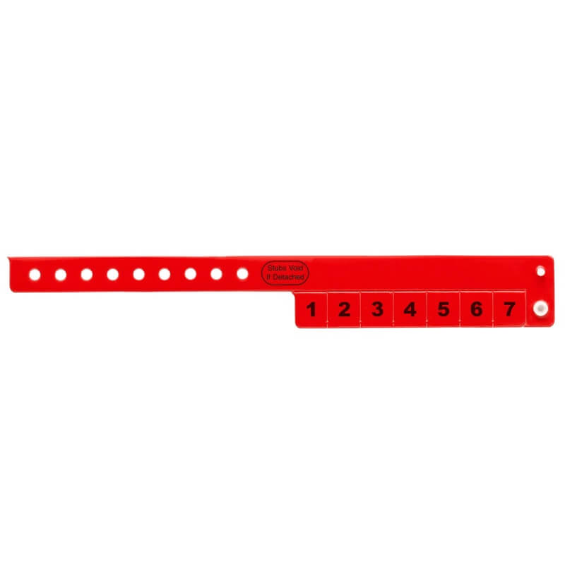 vinyl 7 tab wristbands shown in stock pattern with imprint "stub void if detached" and the number 1-7 on the stubs, shown in neon red