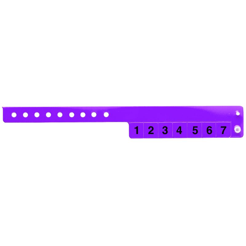 vinyl 7 tab wristbands shown in stock pattern with imprint "stub void if detached" and the number 1-7 on the stubs, shown in purple