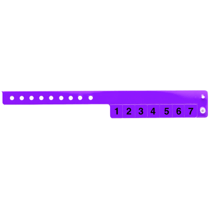 vinyl 7 tab wristbands shown in stock pattern with imprint "stub void if detached" and the number 1-7 on the stubs, shown in purple