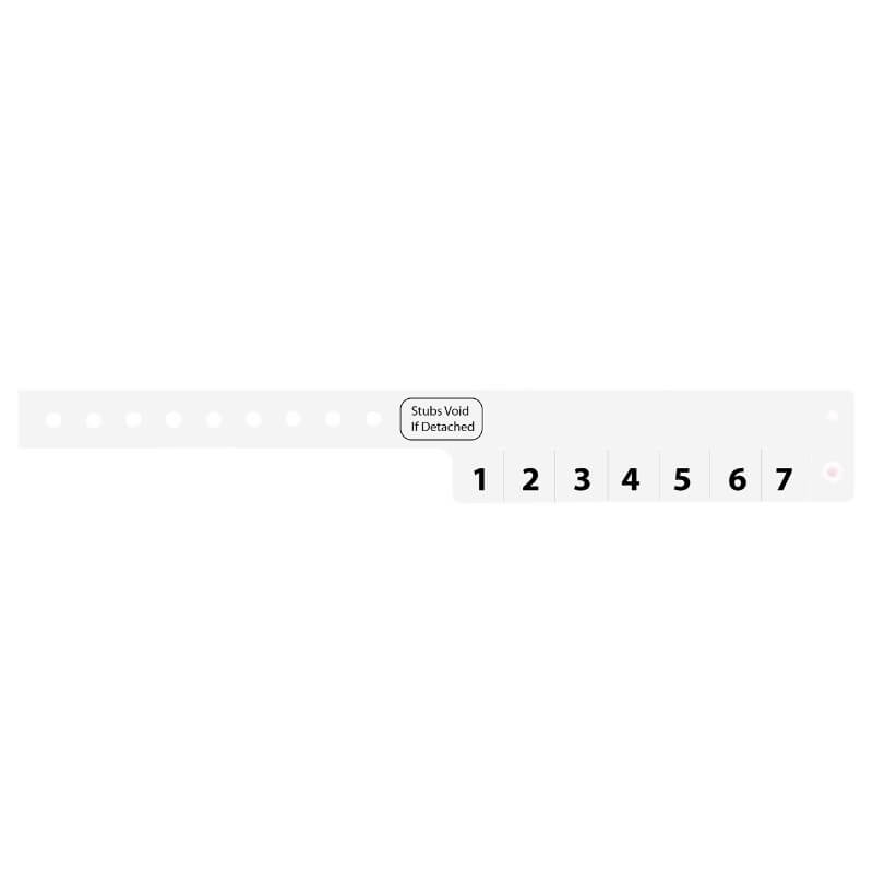 vinyl 7 tab wristbands shown in stock pattern with imprint "stub void if detached" and the number 1-7 on the stubs, shown in white