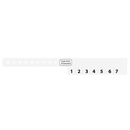 vinyl 7 tab wristbands shown in stock pattern with imprint "stub void if detached" and the number 1-7 on the stubs, shown in white