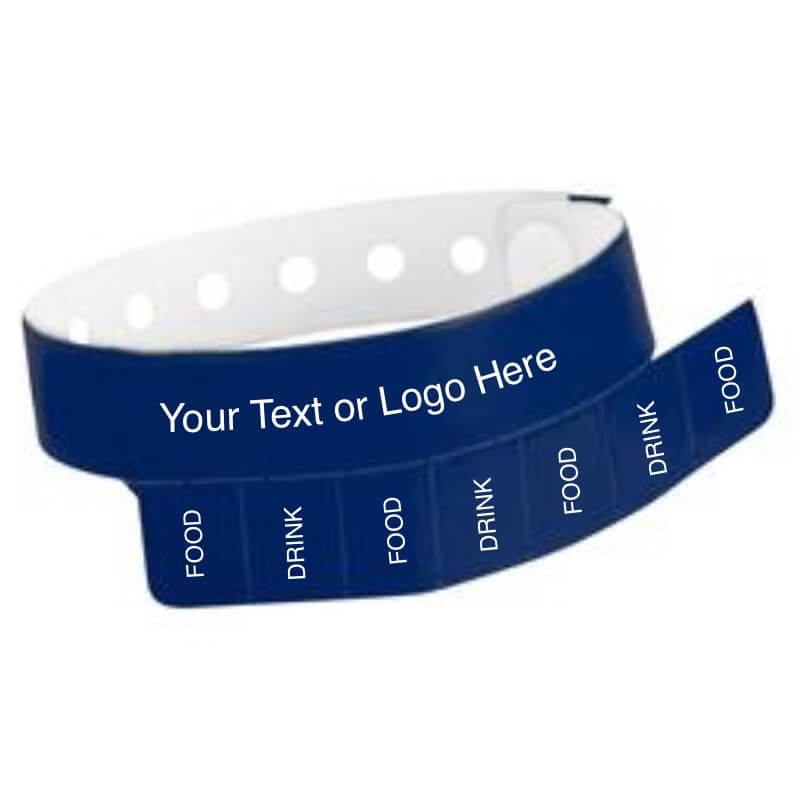 vinyl 7 tab wristband with a placeholder to show where you can customize the wristband in navy blue