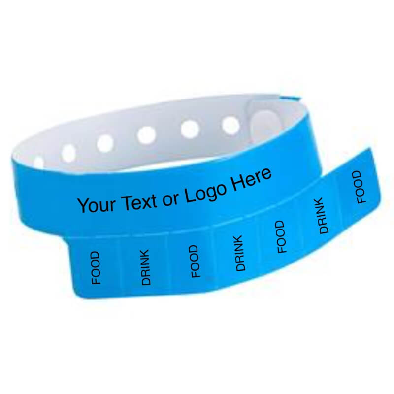 vinyl 7 tab wristband with a placeholder to show where you can customize the wristband in neon blue 
