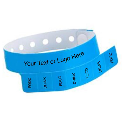 vinyl 7 tab wristband with a placeholder to show where you can customize the wristband in neon blue 