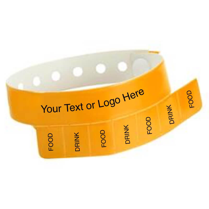vinyl 7 tab wristband with a placeholder to show where you can customize the wristband in neon orange