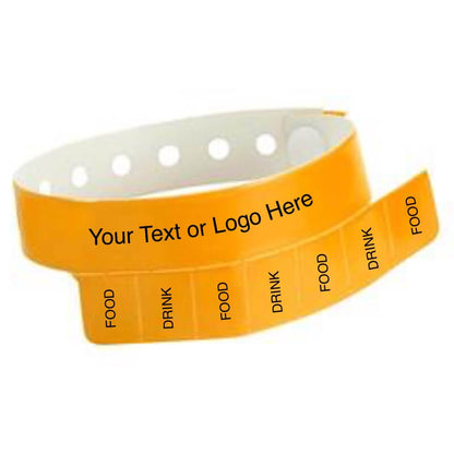 vinyl 7 tab wristband with a placeholder to show where you can customize the wristband in neon orange