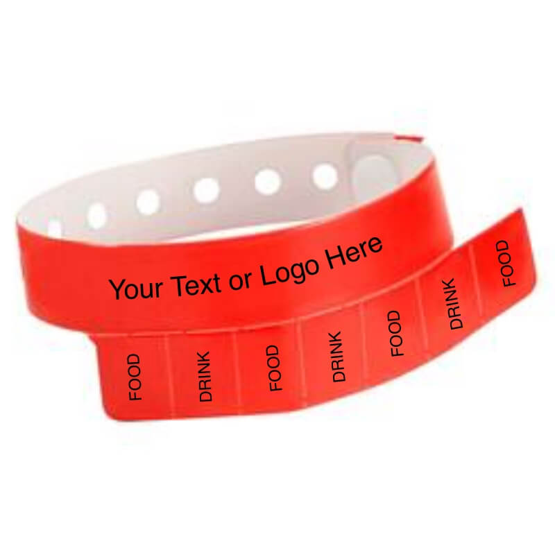 vinyl 7 tab wristband with a placeholder to show where you can customize the wristband in neon red 