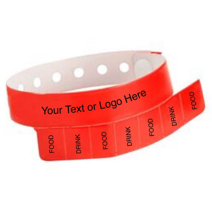 vinyl 7 tab wristband with a placeholder to show where you can customize the wristband in neon red 
