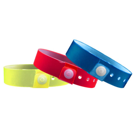 Vinyl edgeglow wristband shown in yellow, red and blue 