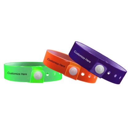 edgeglow wristbands with a placeholder to show where you can customize the wristband in green, orange and purple