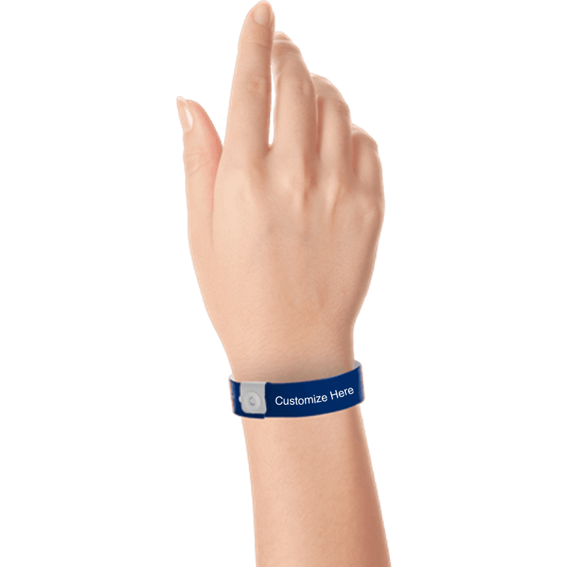 hand wearing regular vinyl wristbands with a placeholder to show where you can customize the wristband in navy blue
