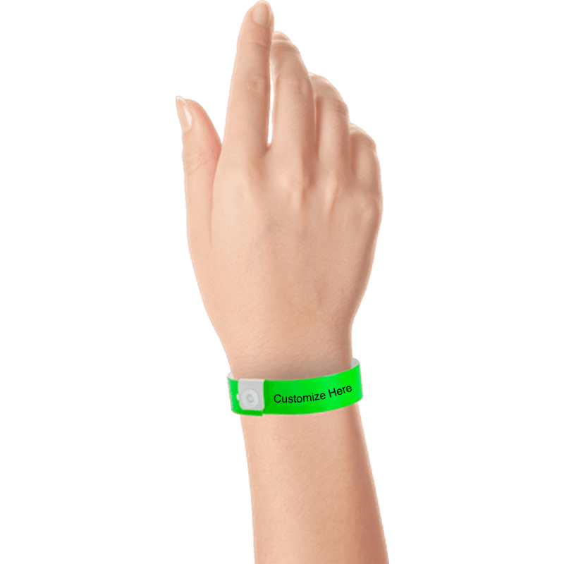hand wearing regular vinyl wristbands with a placeholder to show where you can customize the wristband in neon green