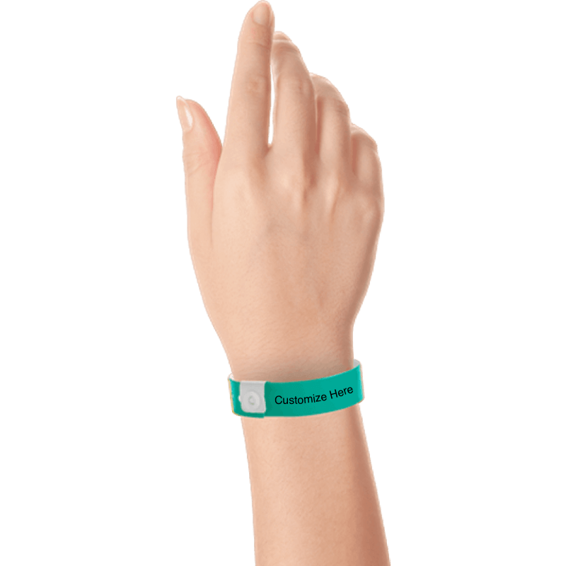 hand wearing regular vinyl wristbands with a placeholder to show where you can customize the wristband in teal