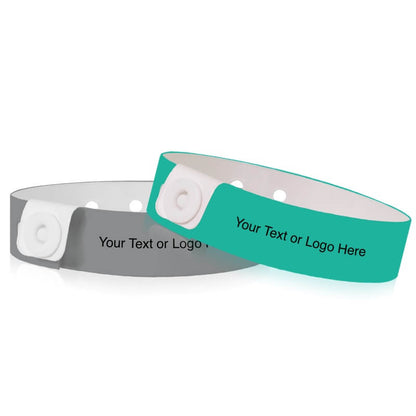 Slim vinyl wristbands with a placeholder to show where you can customize the wristband shown in silver and teal