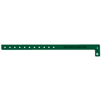 Slim vinyl wristbands with a placeholder to show where you can customize the wristband shown in forest green