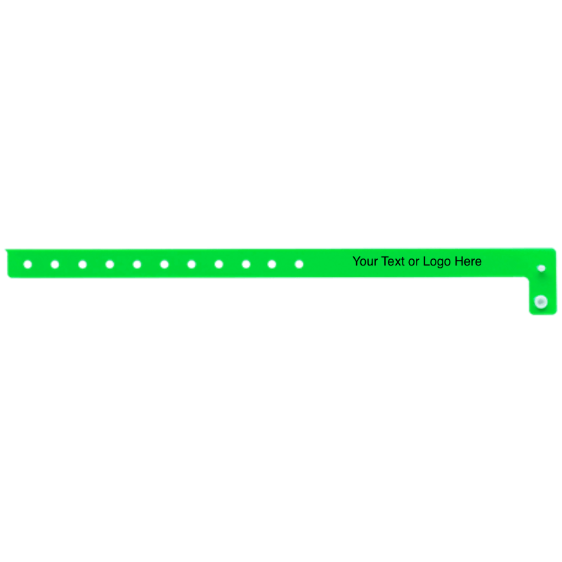 Slim vinyl wristbands with a placeholder to show where you can customize the wristband shown in neon green