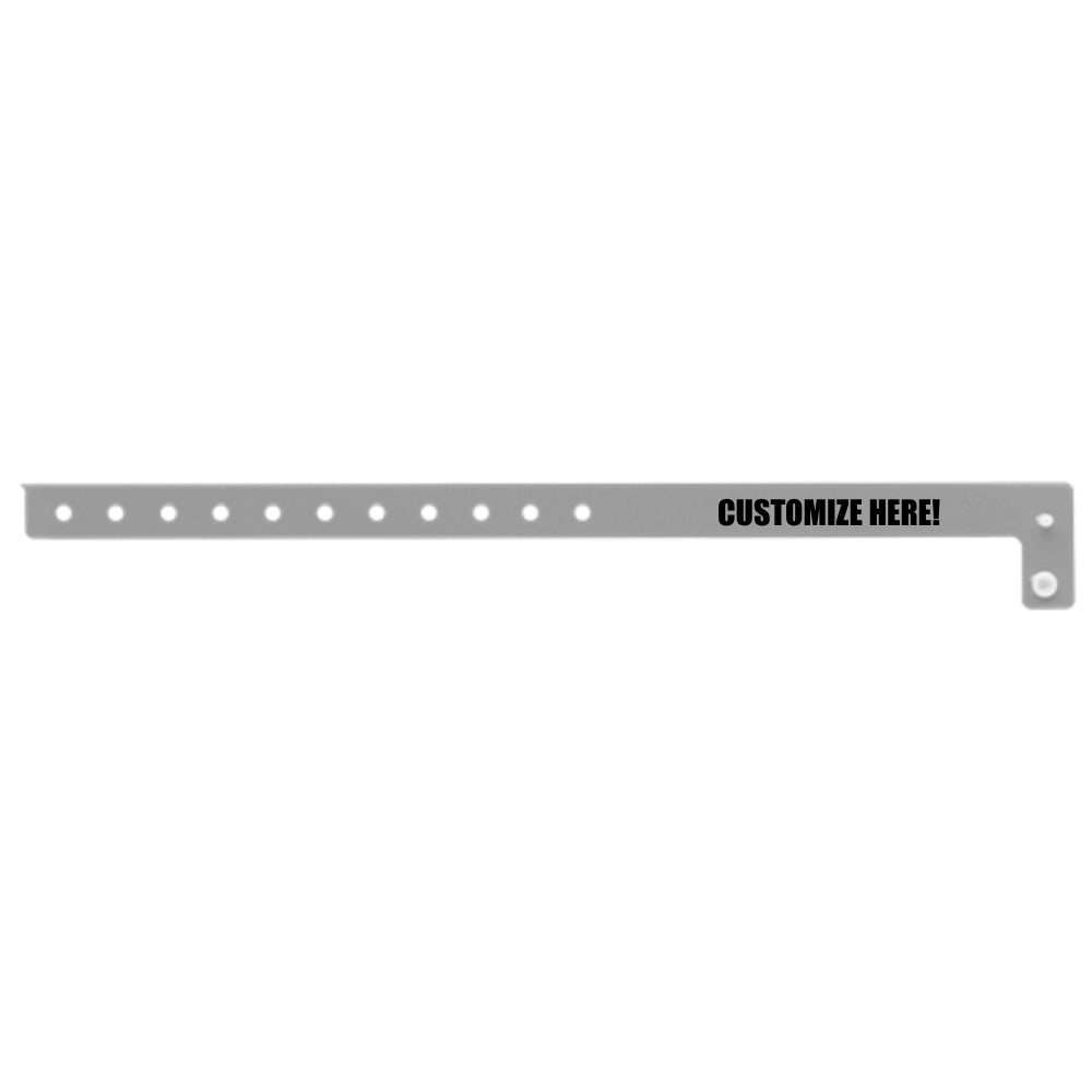 vinyl slim wristband in silver with black text "CUSTOMIZE HERE!" - flat version shown 