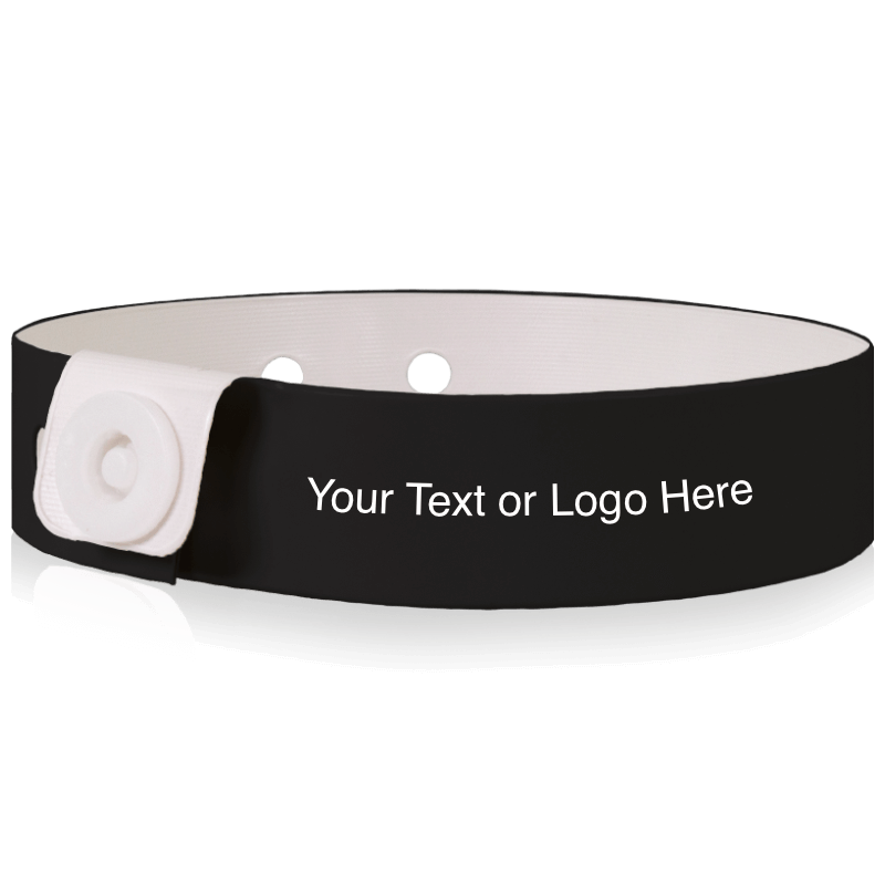 Slim vinyl wristbands with a placeholder to show where you can customize the wristband shown in black