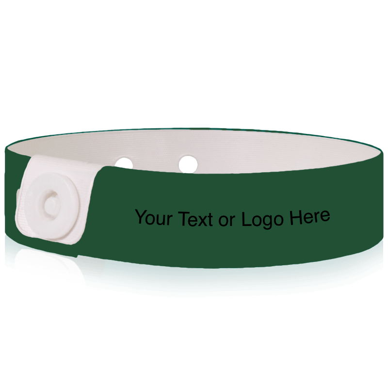 Slim vinyl wristbands with a placeholder to show where you can customize the wristband shown in forest green