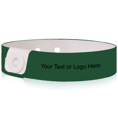 Slim vinyl wristbands with a placeholder to show where you can customize the wristband shown in forest green