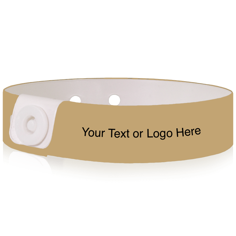 Slim vinyl wristbands with a placeholder to show where you can customize the wristband shown in gold